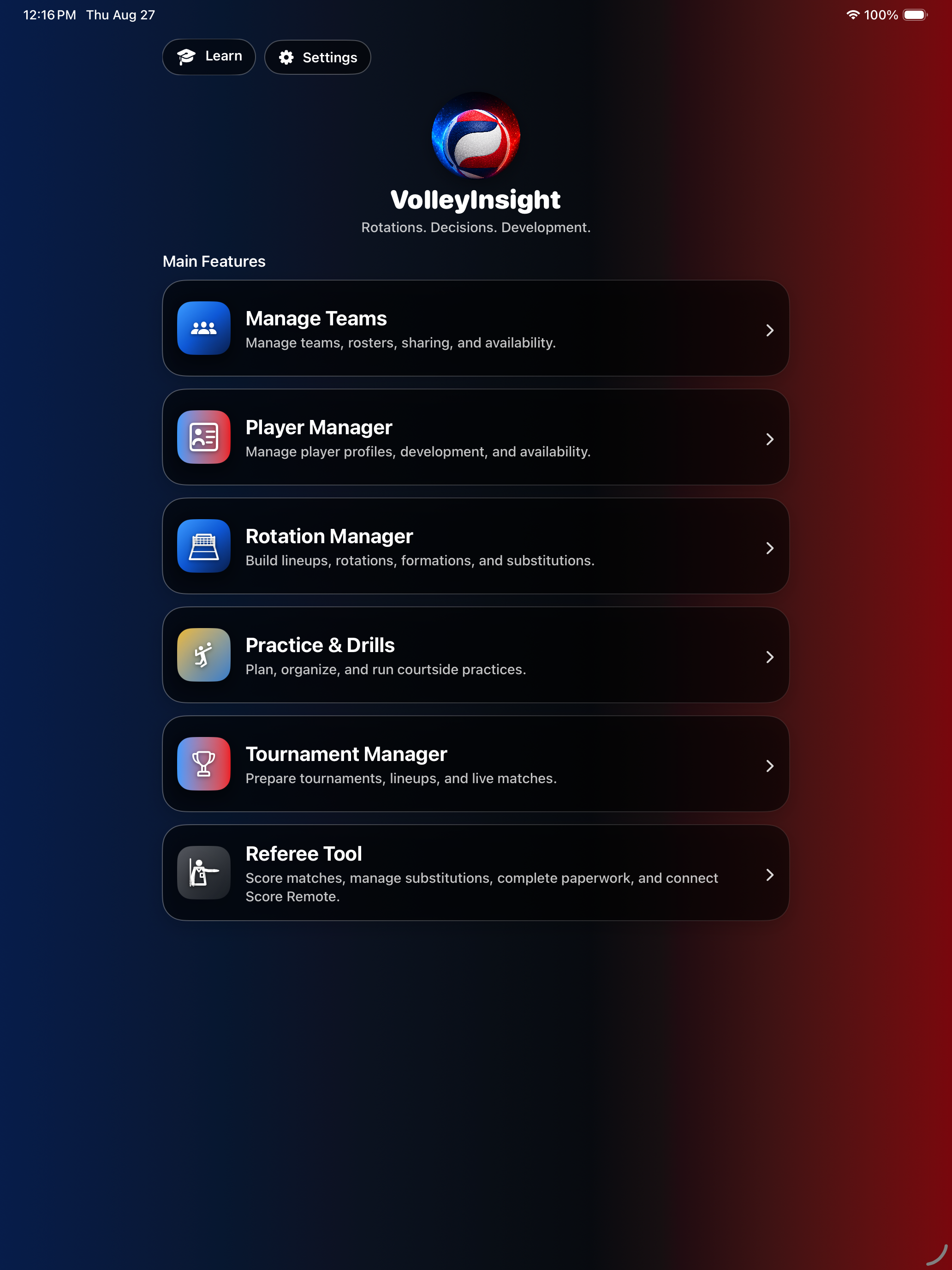 Main Menu on iPad showing the VolleyInsight brand and six primary workflows.