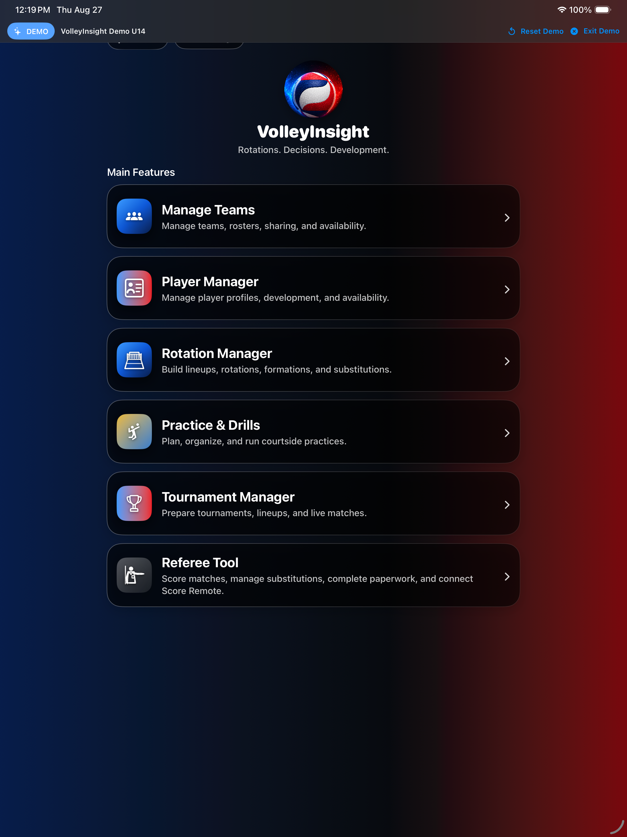 Isolated documentation dataset on the Main Menu with the DEMO banner and synthetic VolleyInsight Demo U14 team.
