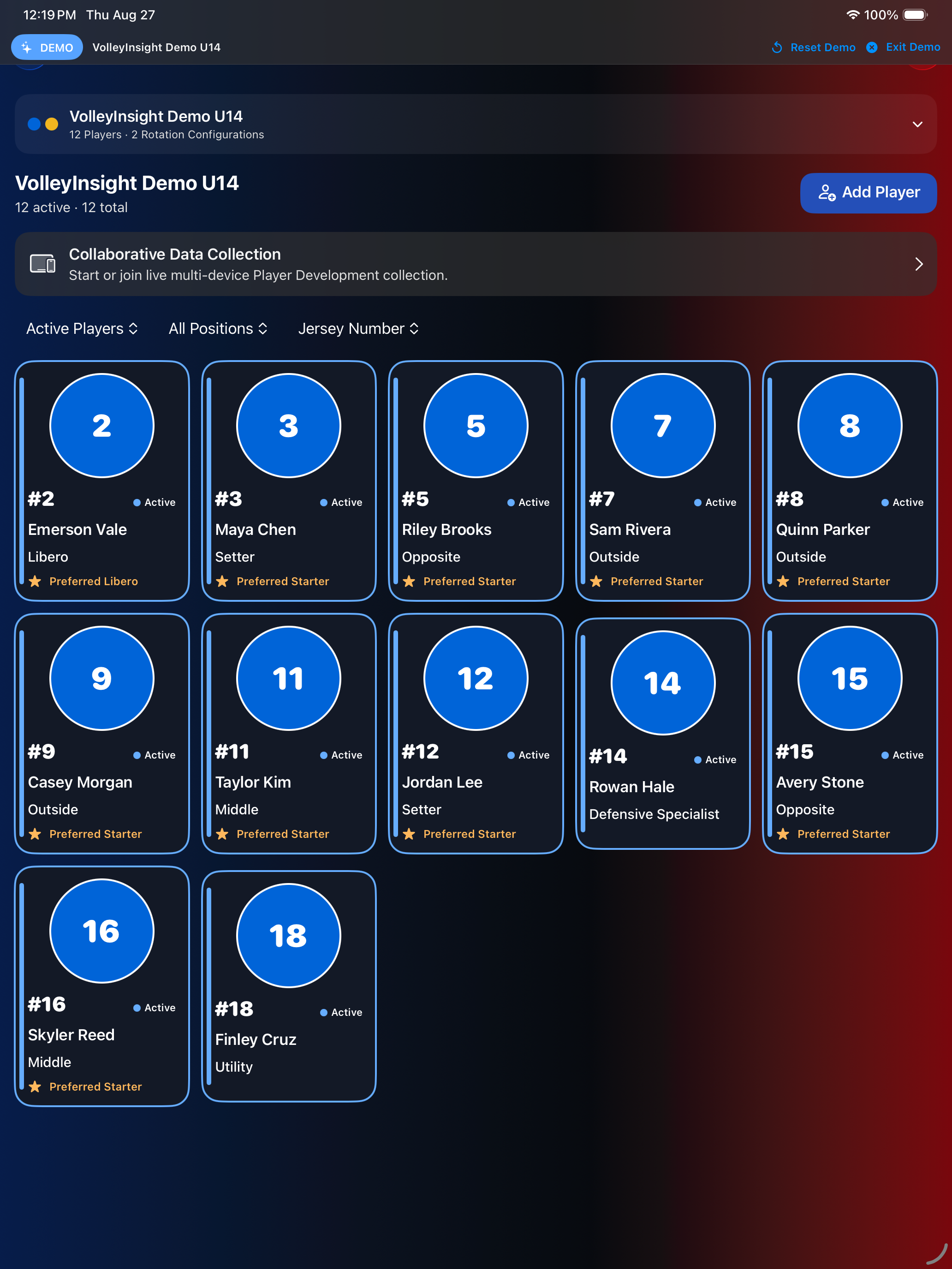 Player Manager roster grid for the synthetic VolleyInsight Demo U14 team.