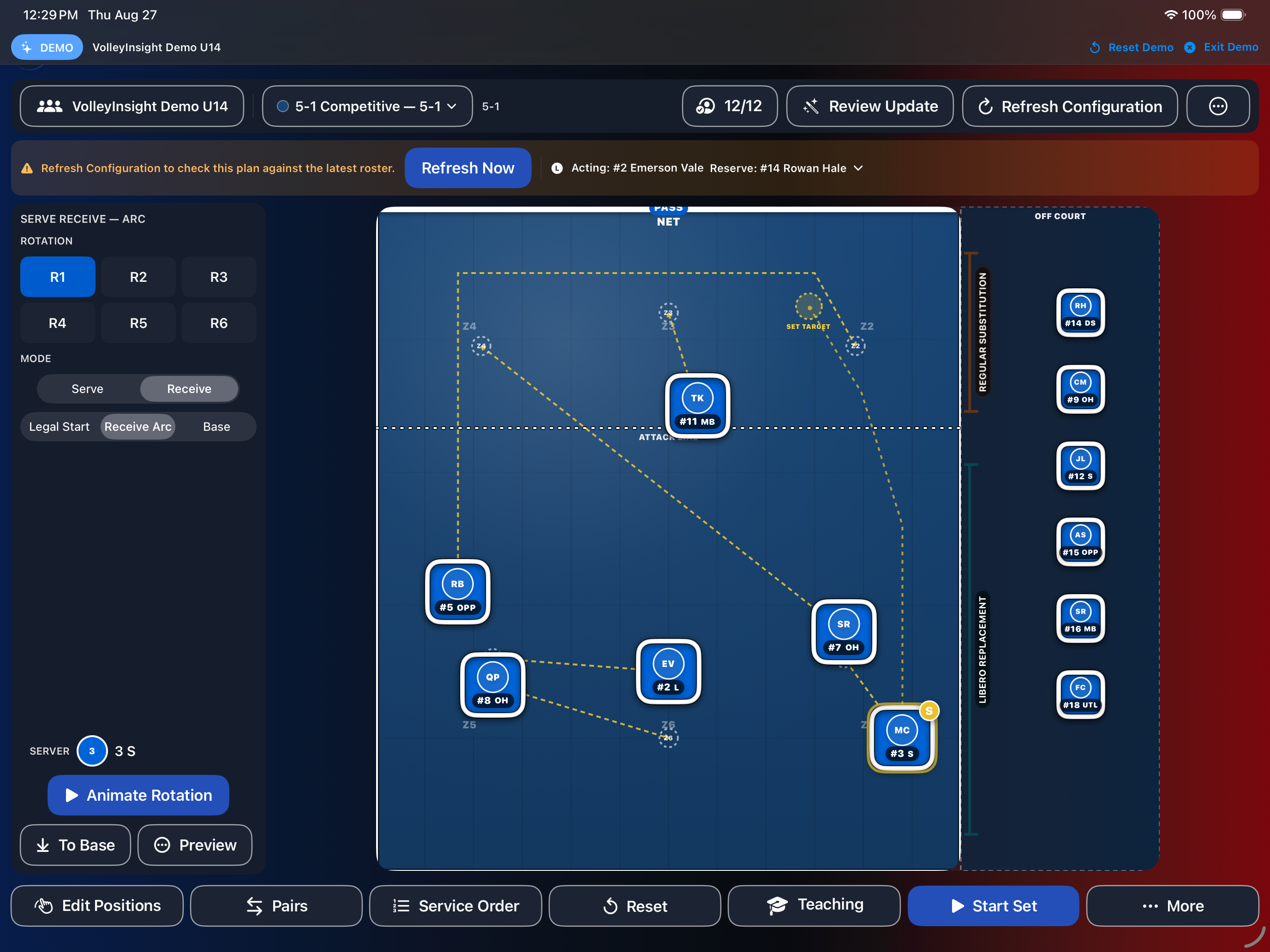 Landscape Rotation Manager with R1 serve receive, court geometry, bench zones, and controls.
