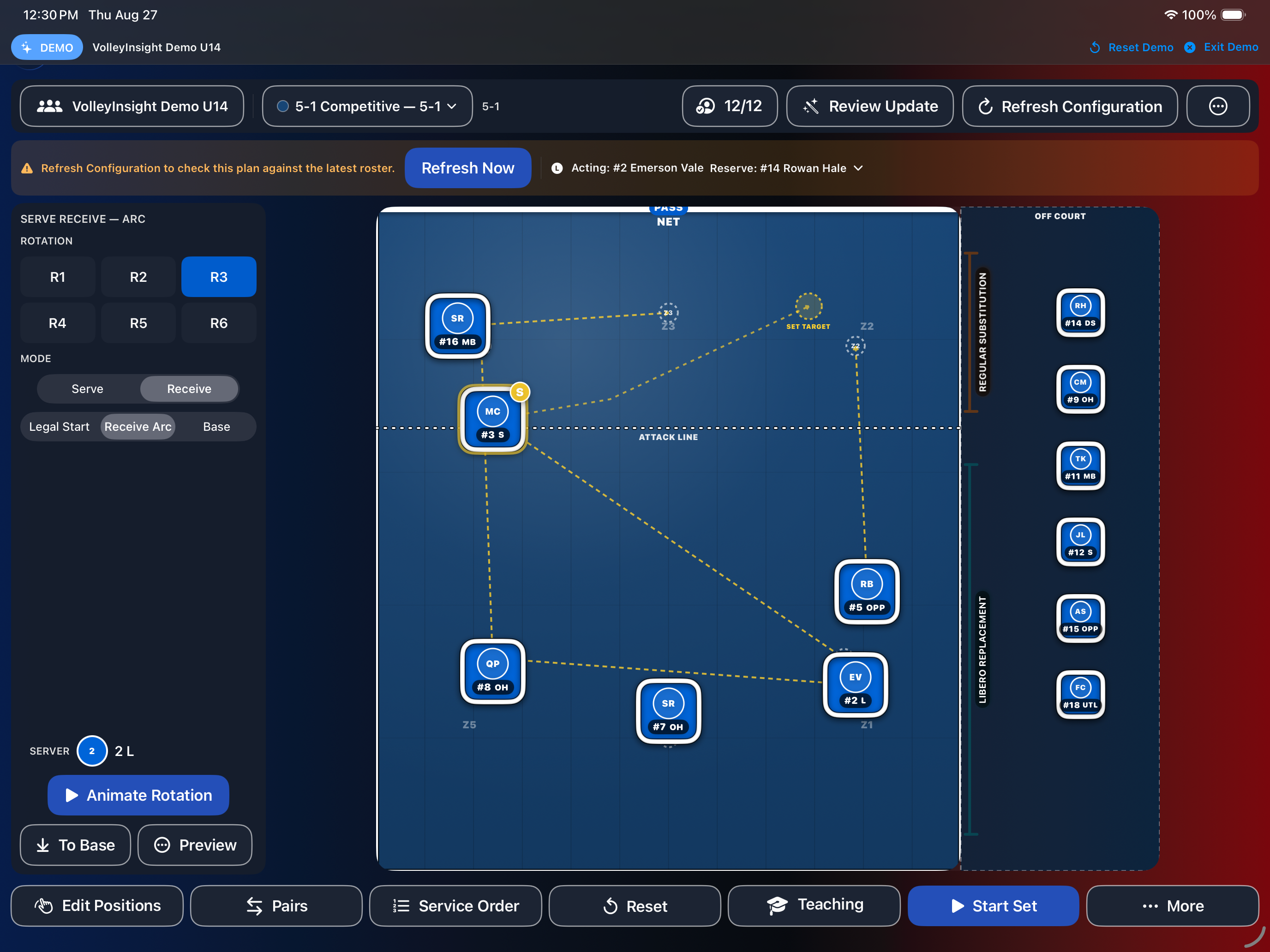 Landscape Rotation Manager showing the R3 serve-receive arc and movement paths.