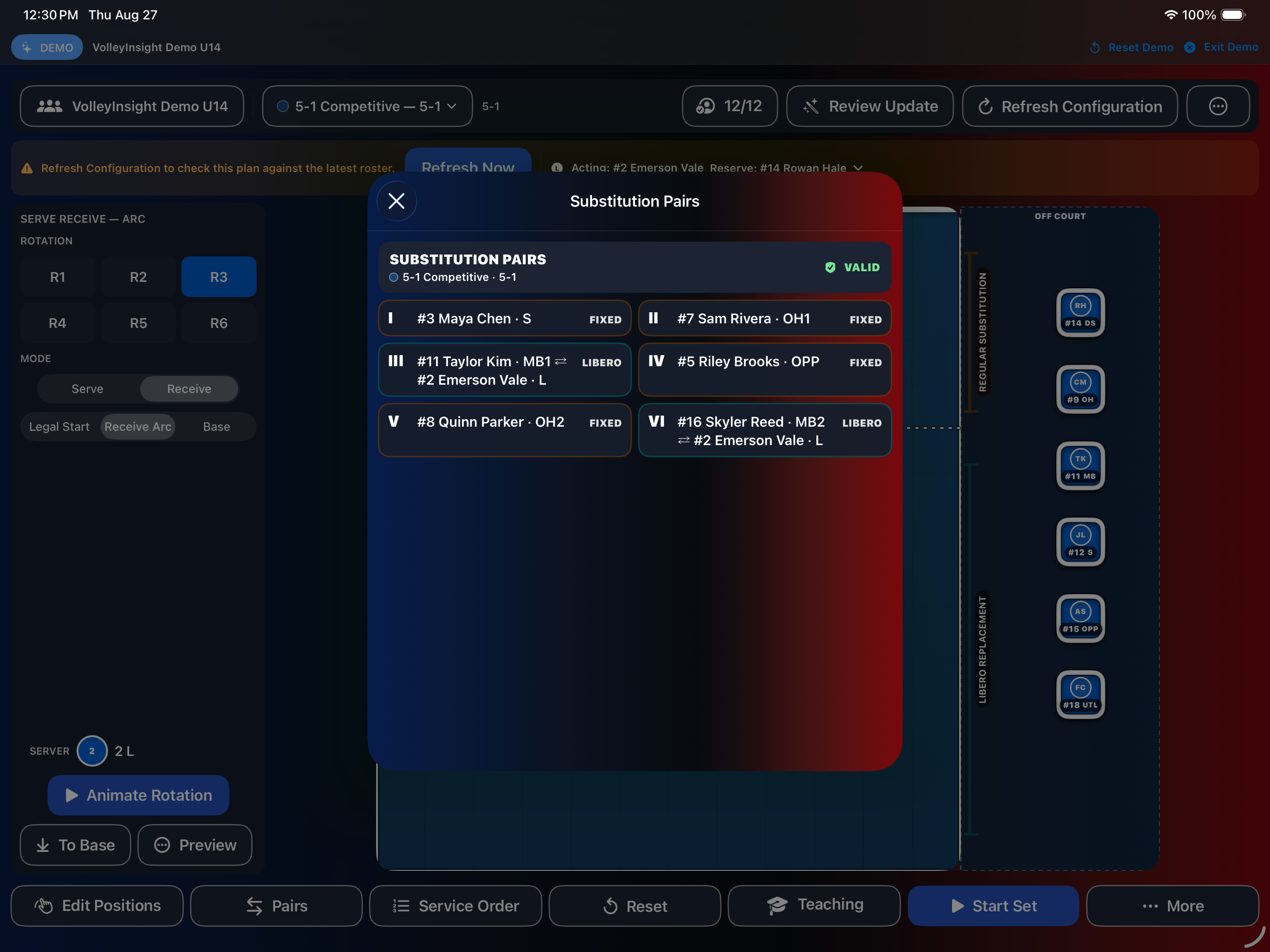 Substitution Pairs popover showing fixed slots and Libero replacements.