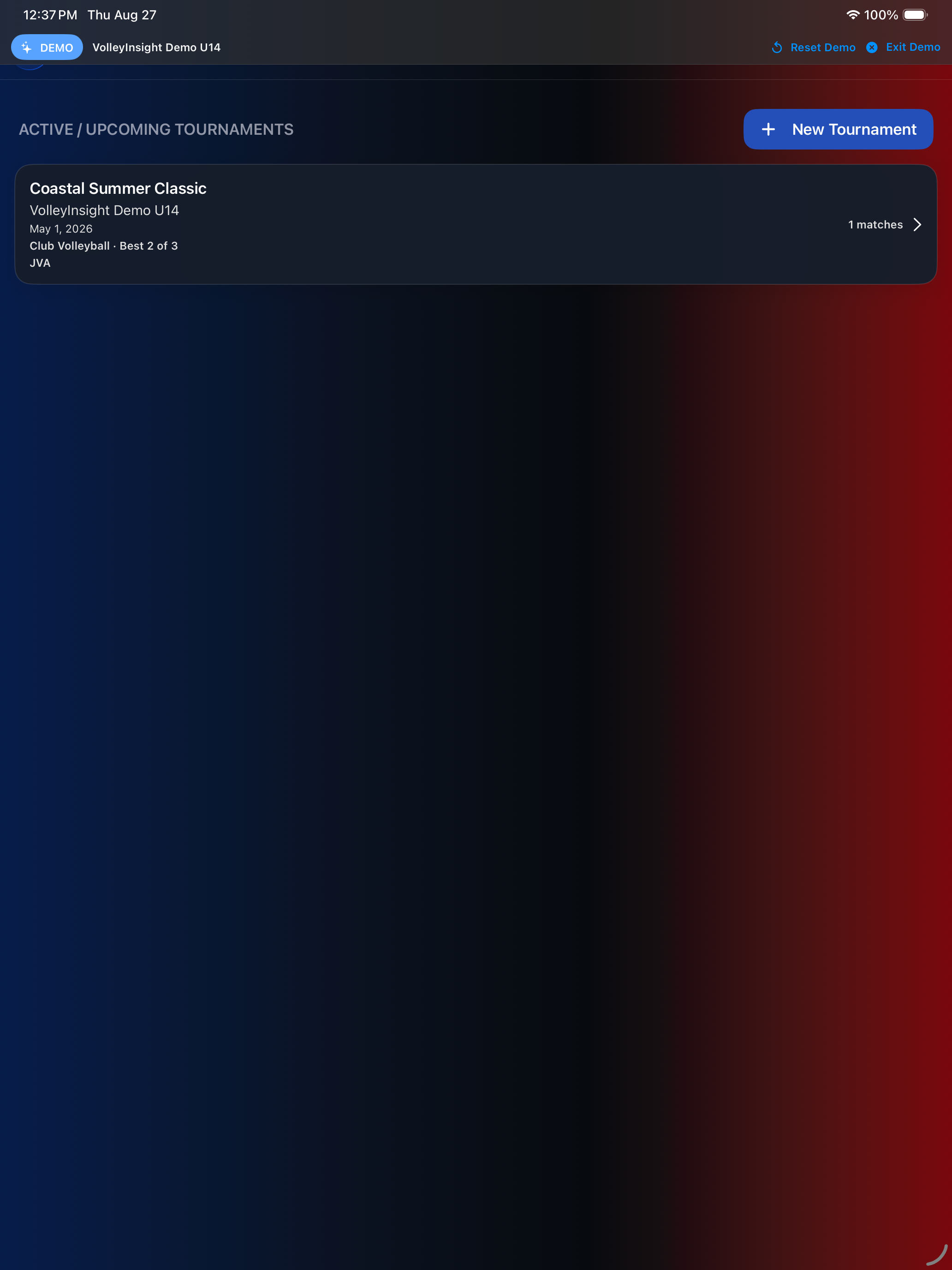Tournament Manager list with New Tournament and the synthetic Coastal Summer Classic.
