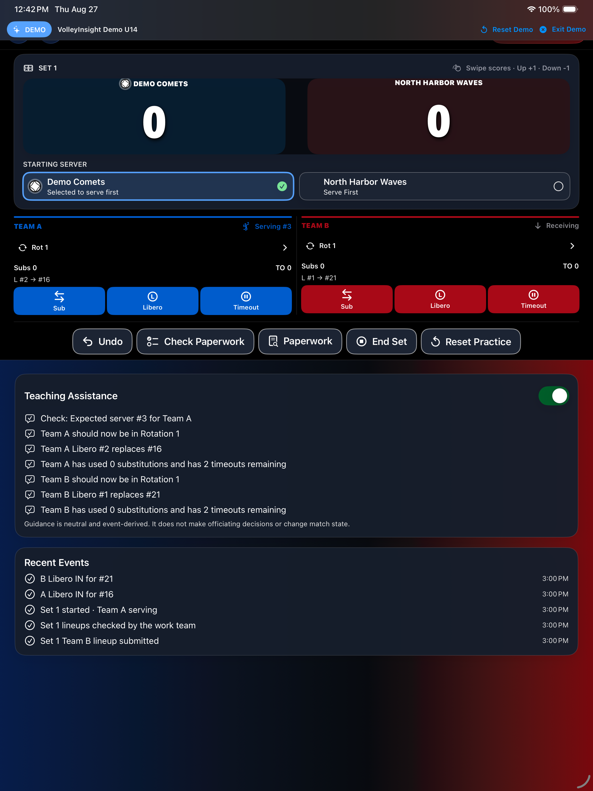 Referee Tool at 0–0 with starting-server selection, service indicator, substitutions, Liberos, and paperwork actions.