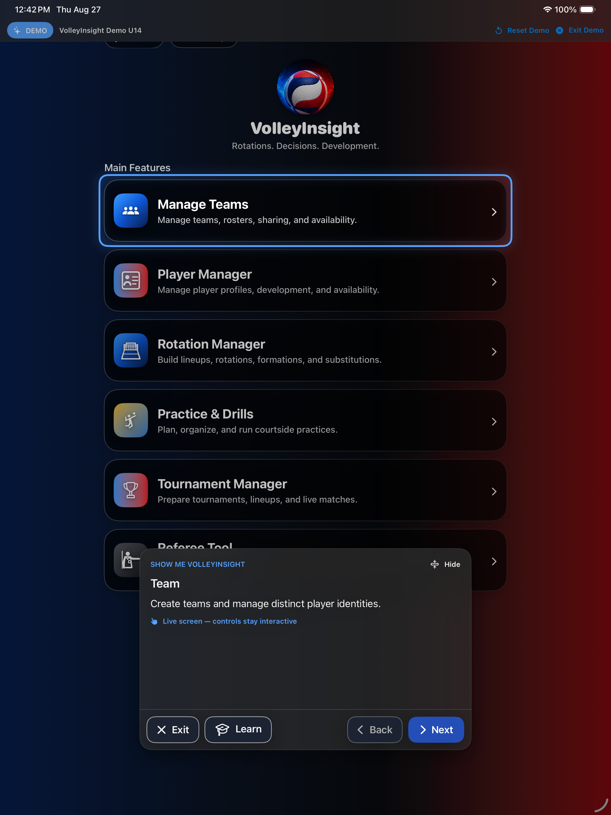 Tutorial spotlight attached to Manage Teams on the live Main Menu.