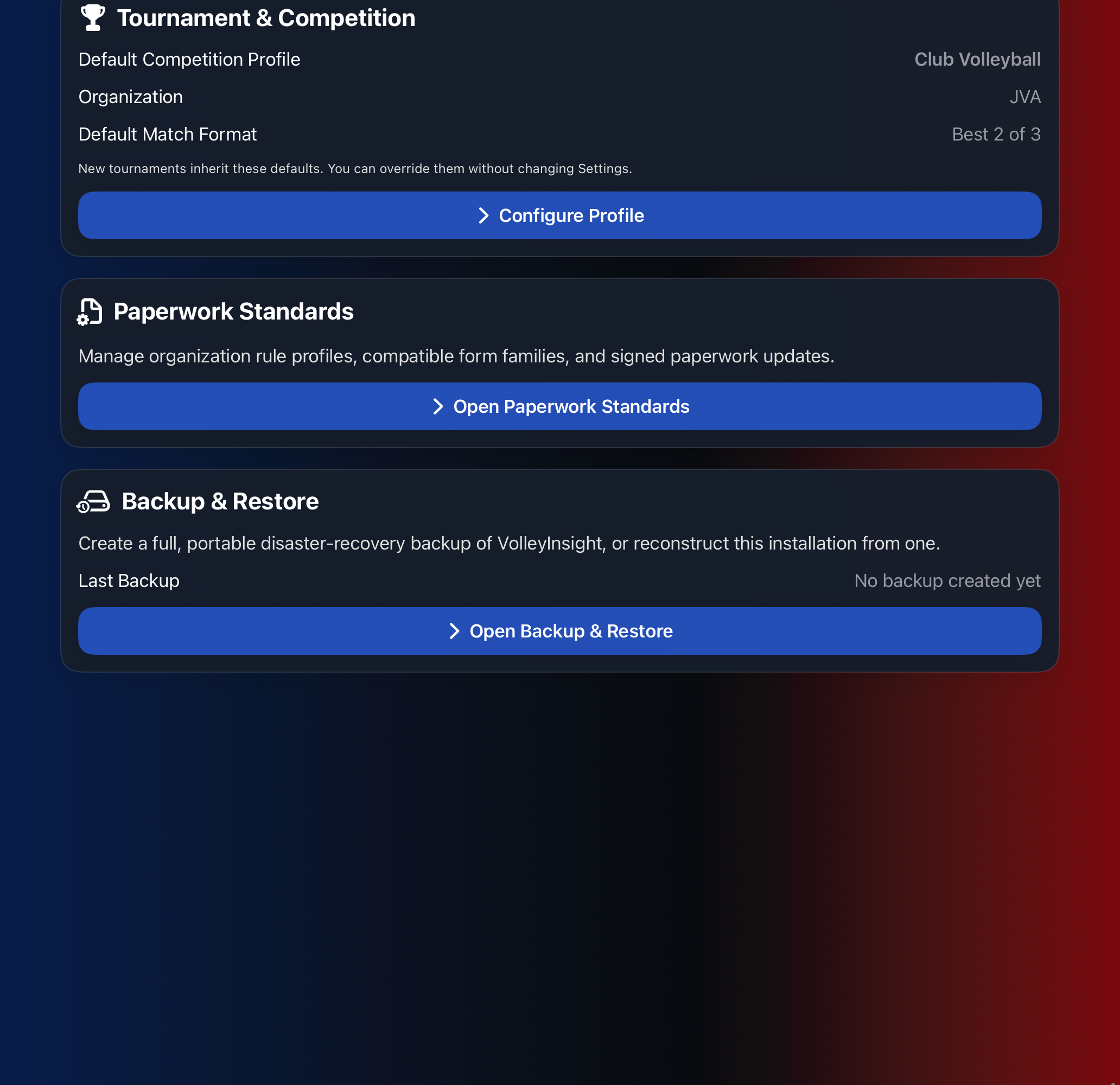 Settings controls for tournament defaults, paperwork standards, and backup and restore.